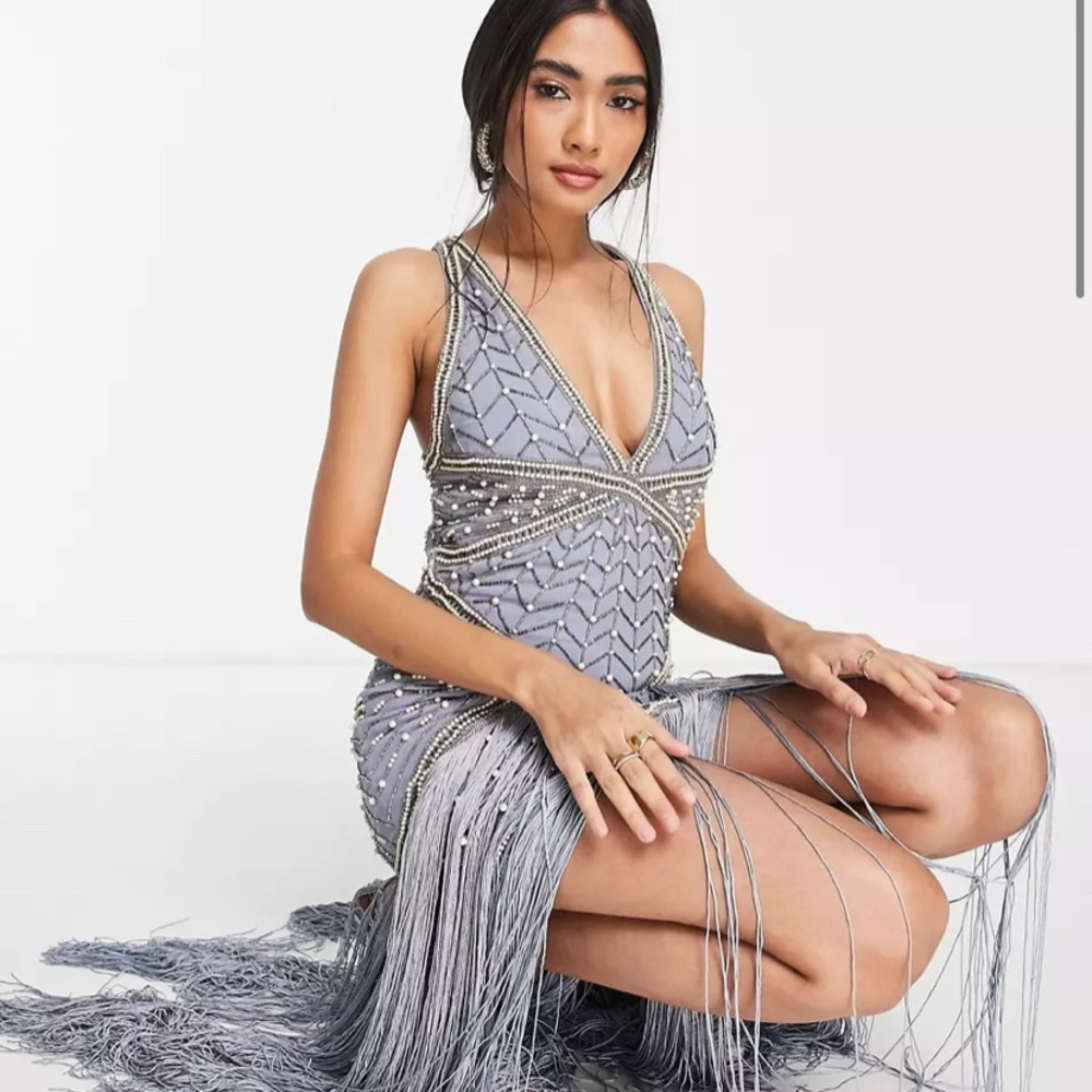 ASOS DESIGN Pearl embellished maxi dress with fringe hem